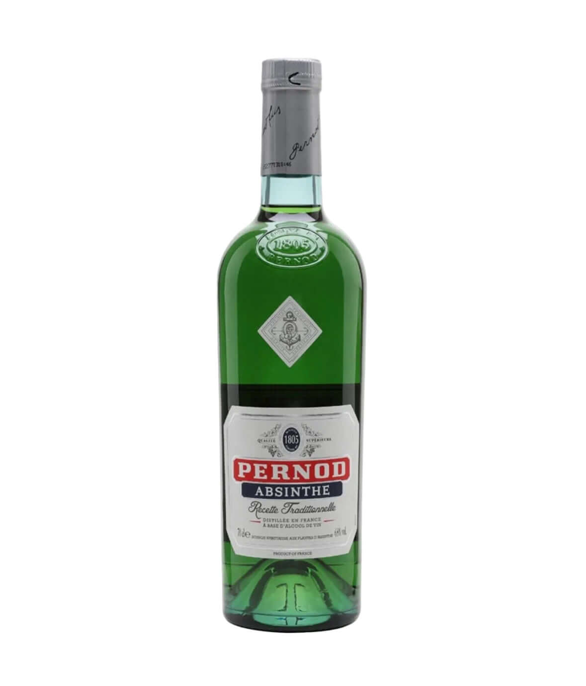 A green glass bottle of Pernod Absinthe with a white and red label, sealed with a silver cap, shown against a plain white background.