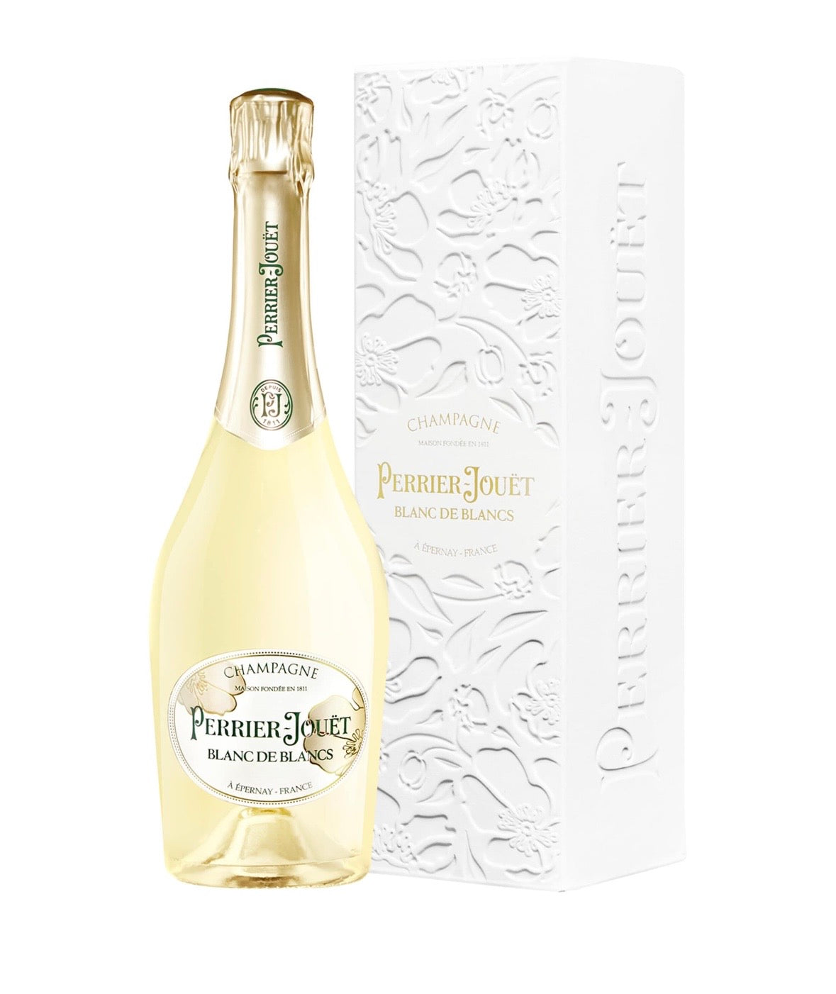 Perrier Jouet Blanc de Blancs Champagne Bottle on a white background 