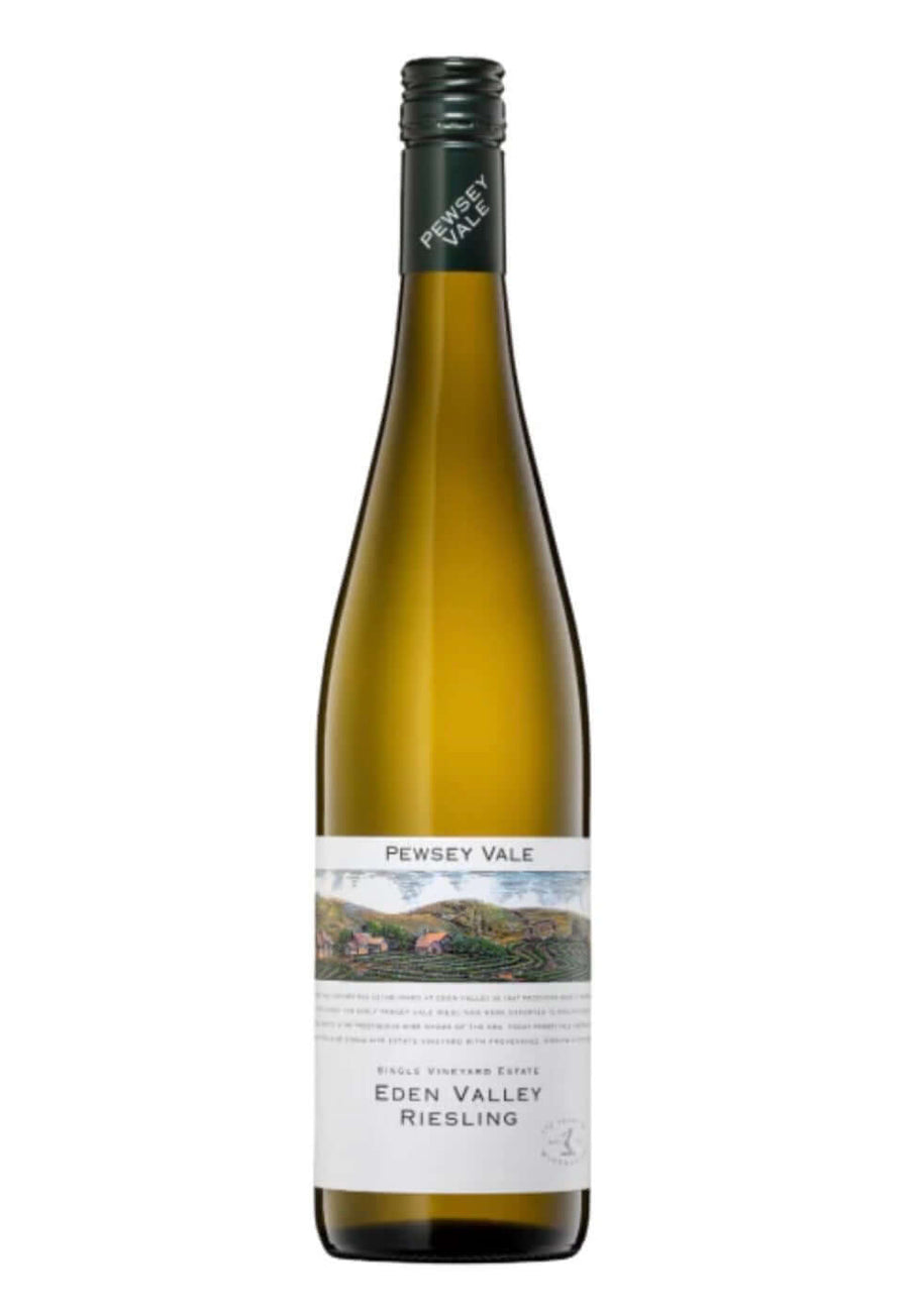 A bottle of Eden Valley Riesling from Pewsey Vale, featuring a pale yellow-green glass bottle, a black screw cap, and a white label with a scenic landscape illustration.