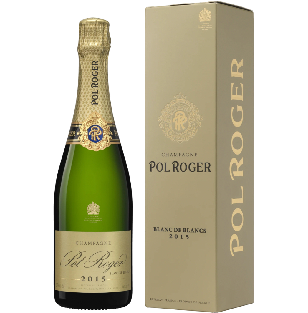 Pol Roger champagne bottle and packaging on a white background