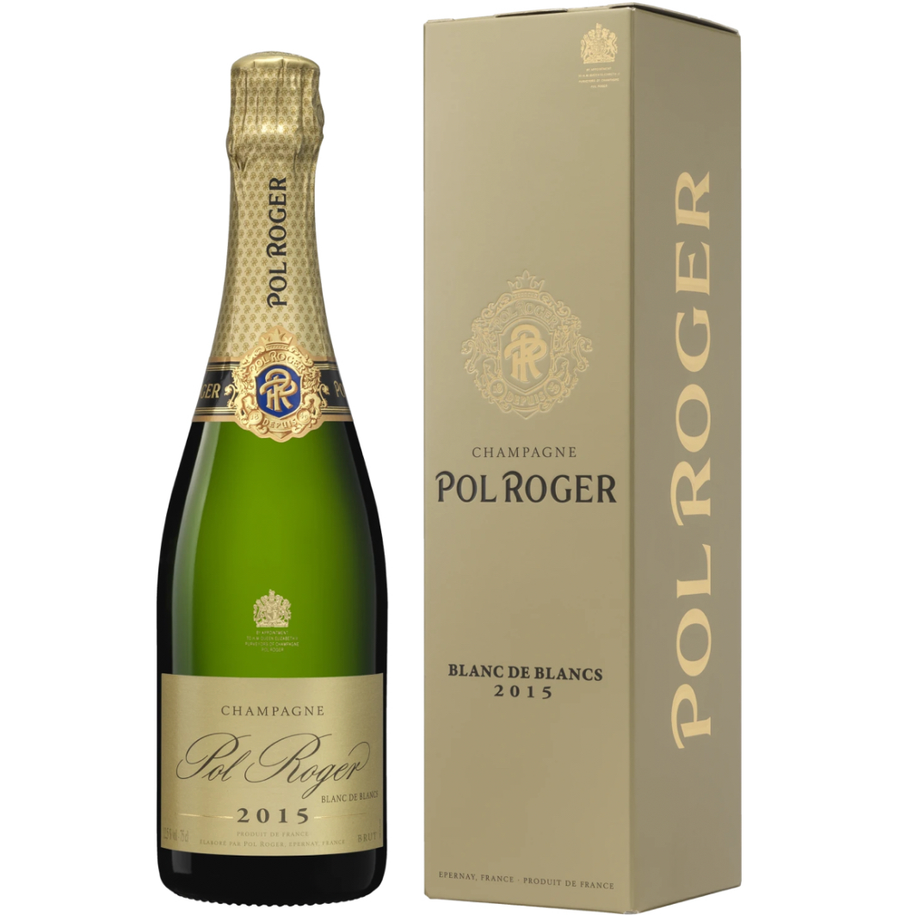 Pol Roger champagne bottle and packaging on a white background