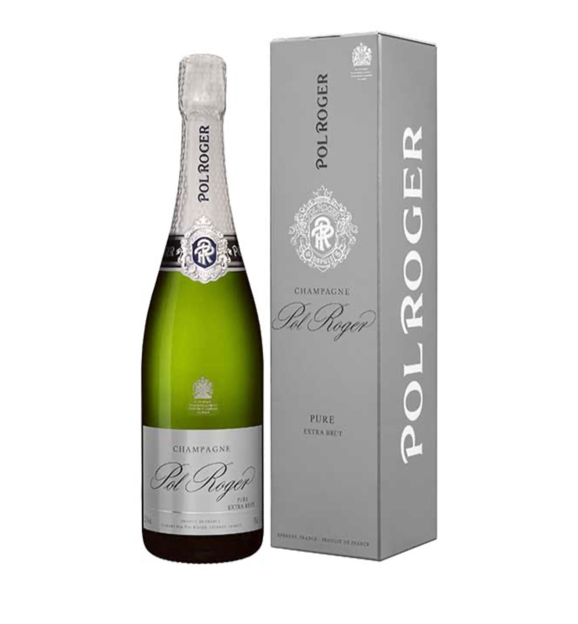 Pol Roger champagne bottle and packaging on a white background