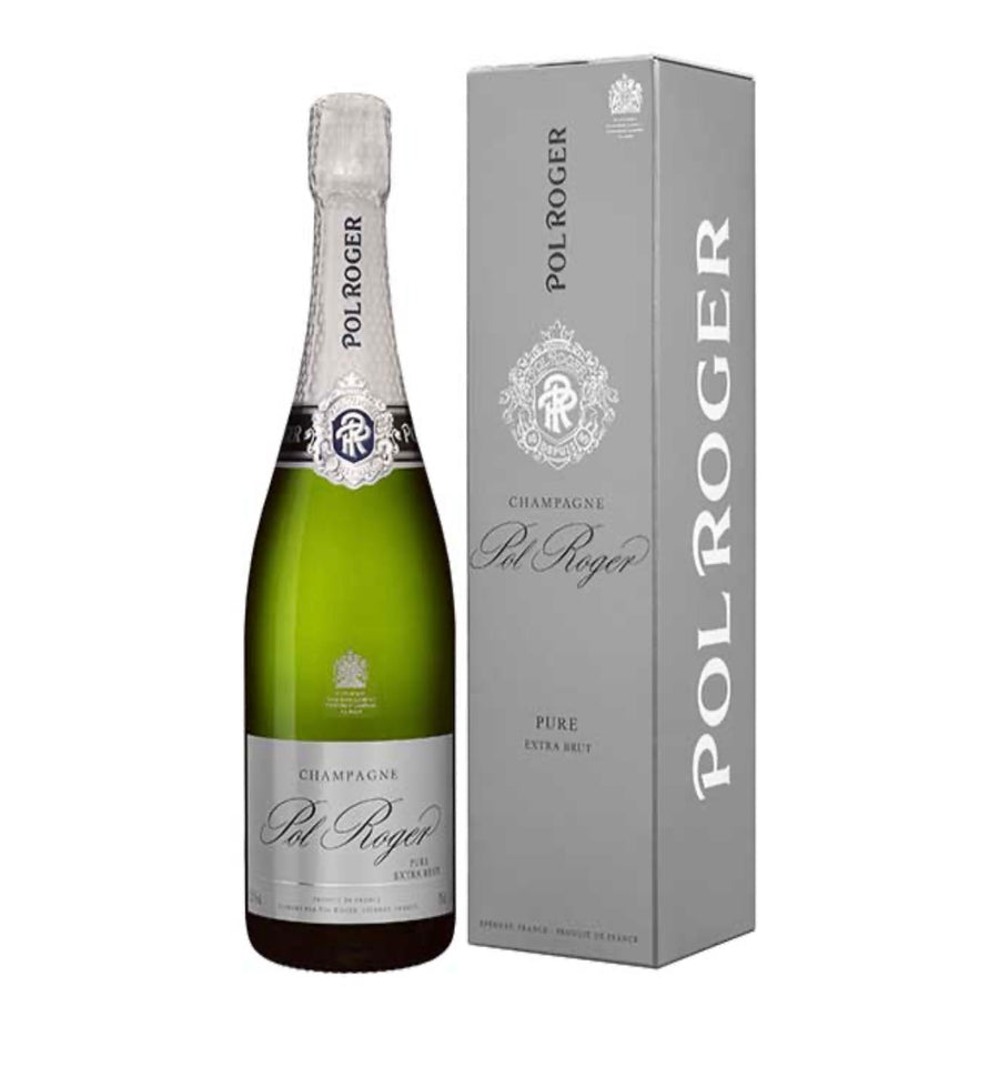 Pol Roger champagne bottle and packaging on a white background