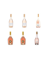 Six rosé wine bottles arranged in a 2x3 grid on a white background, with three bottles labeled 'Merry & Gold' and three labeled 'Santa Maria'.