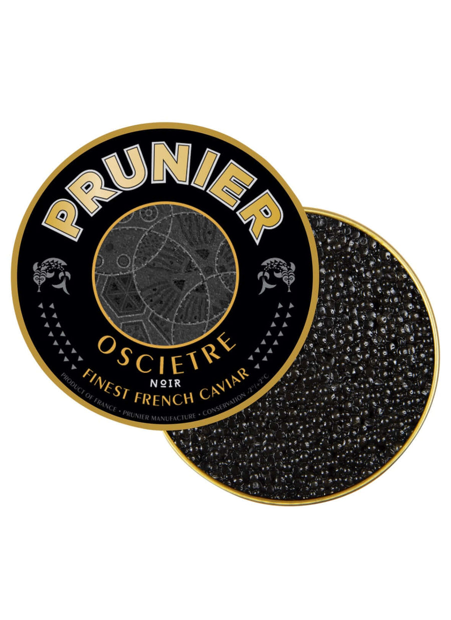 Prunier Oscietre caviar packaging with black caviar on a white background