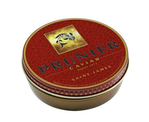Prunier caviar tin with red and gold design on a white background