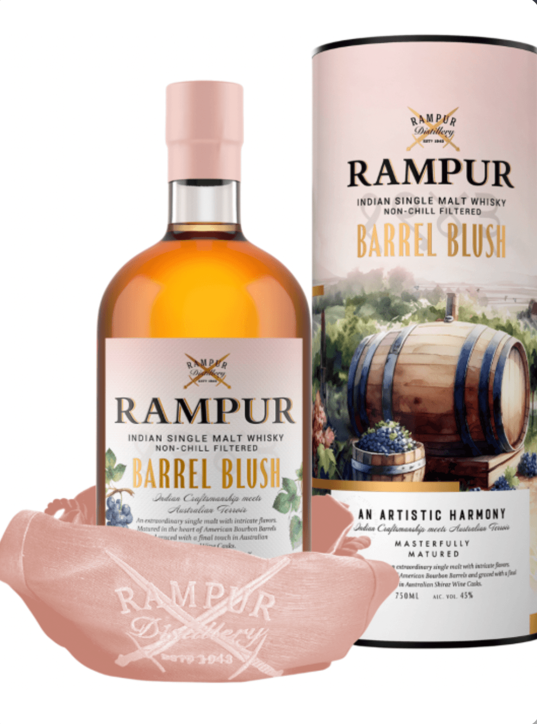 Rampur Indian Single Malt Whisky bottle and packaging on a white background