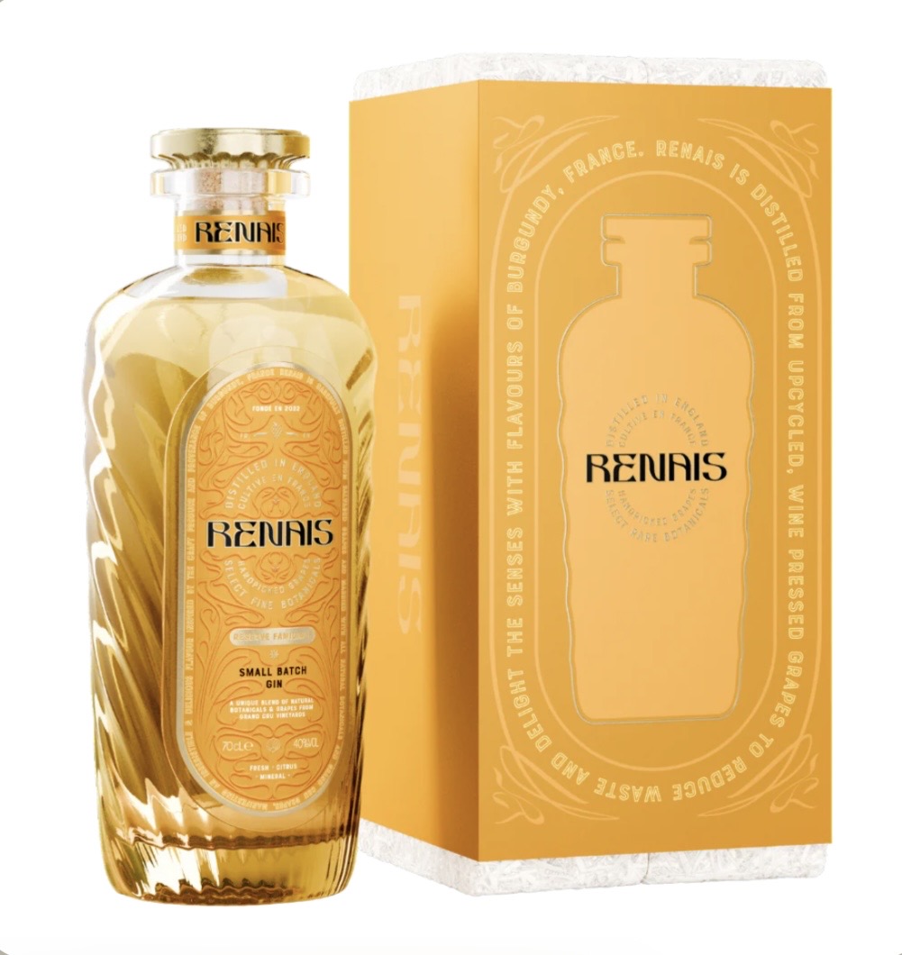 A bottle of Renais Small Batch Gin next to its matching orange packaging box, featuring a gold cap and ornate orange labels.