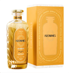 A bottle of Renais Small Batch Gin next to its matching orange packaging box, featuring a gold cap and ornate orange labels.
