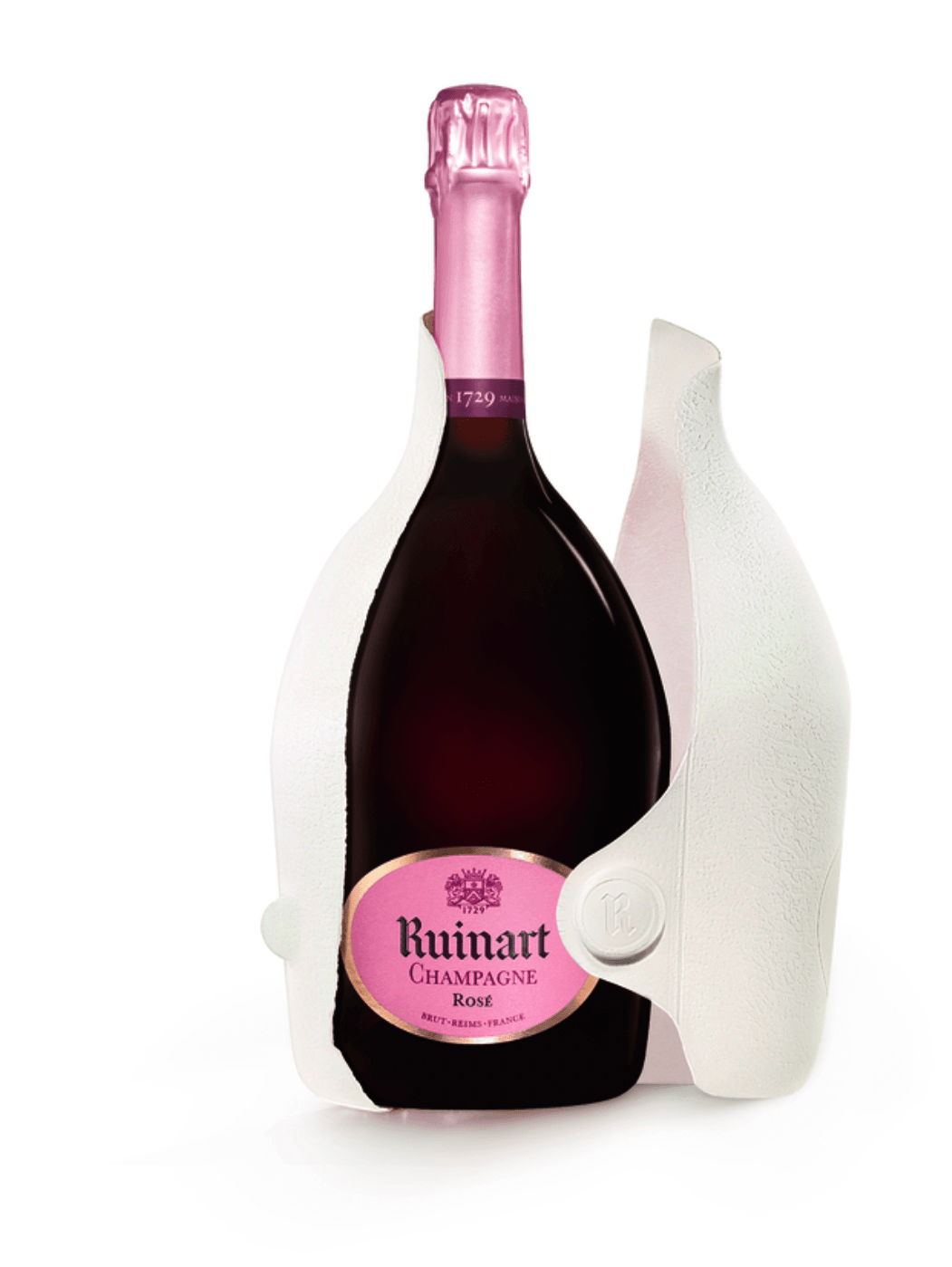 rumart-champagne-bottle-with-pink-label-in-a-decorative-holder-on-a-white-background