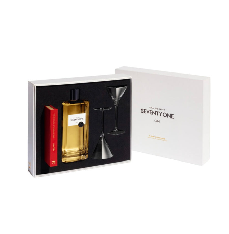 Gift set with a bottle of gin, two cocktail glasses, and a book inside a box labeled 'Seventy One Gin'.
