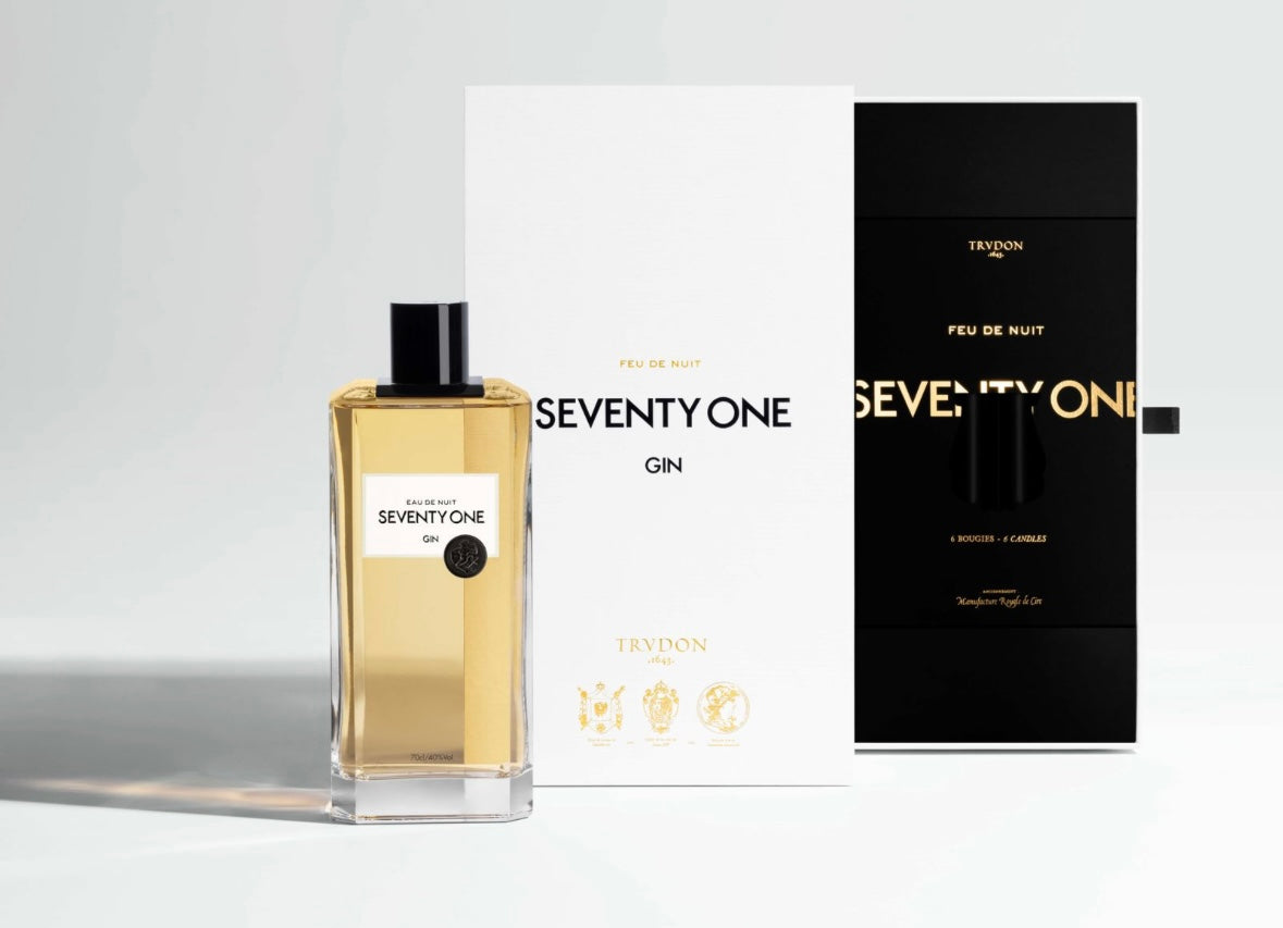 Seventy One Gin bottle and packaging on a white background