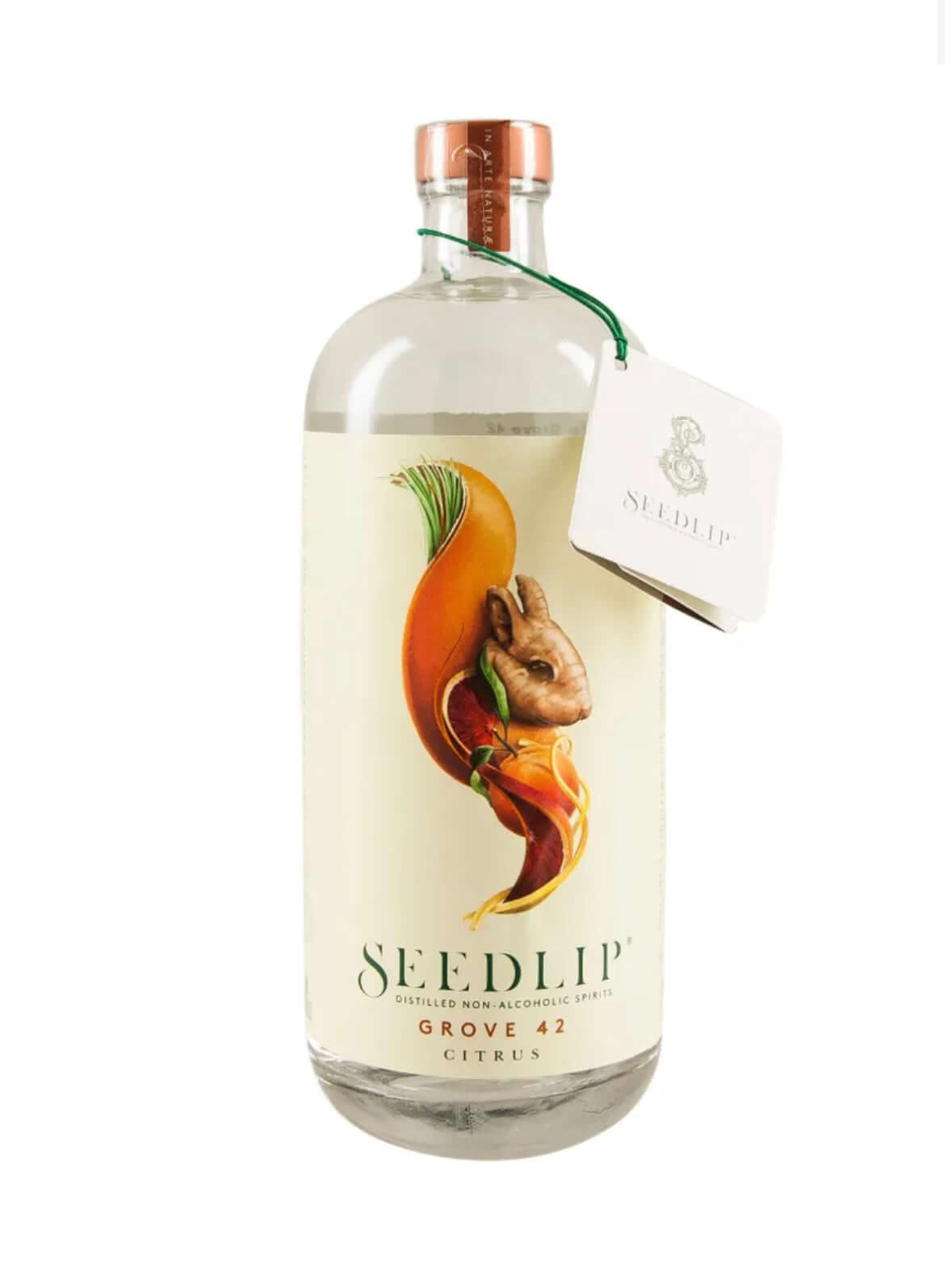 Seedlip grove 42 citrus bottle with label and tag on a white background