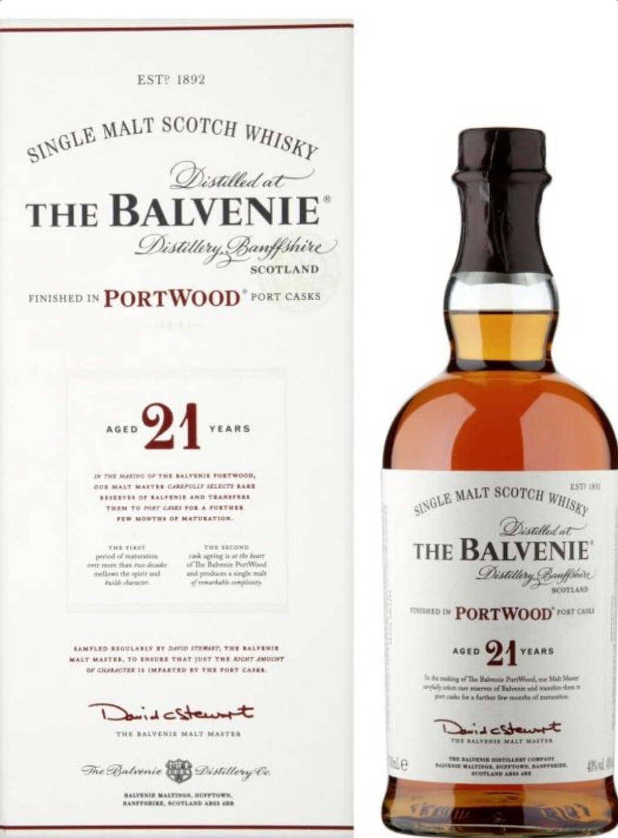 Balvenie 21-year-old Portwood whisky bottle and box on a white background
