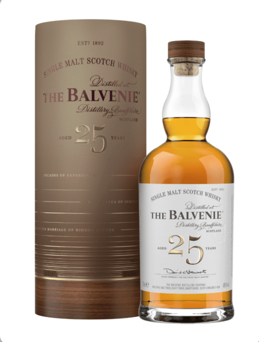 Balvenie 25-year-old whisky bottle and box on a white background
