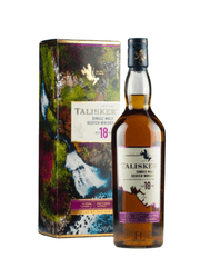 Talisker 18-year-old single malt Scotch whisky bottle and box on a white background