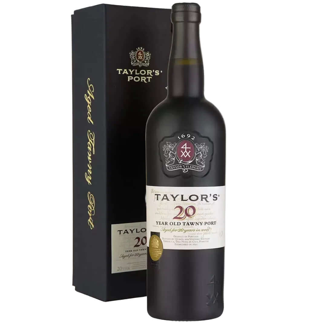 Taylor's 20-year-old tawny port wine bottle with packaging on a white background