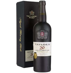 Taylor's 20-year-old tawny port wine bottle with packaging on a white background