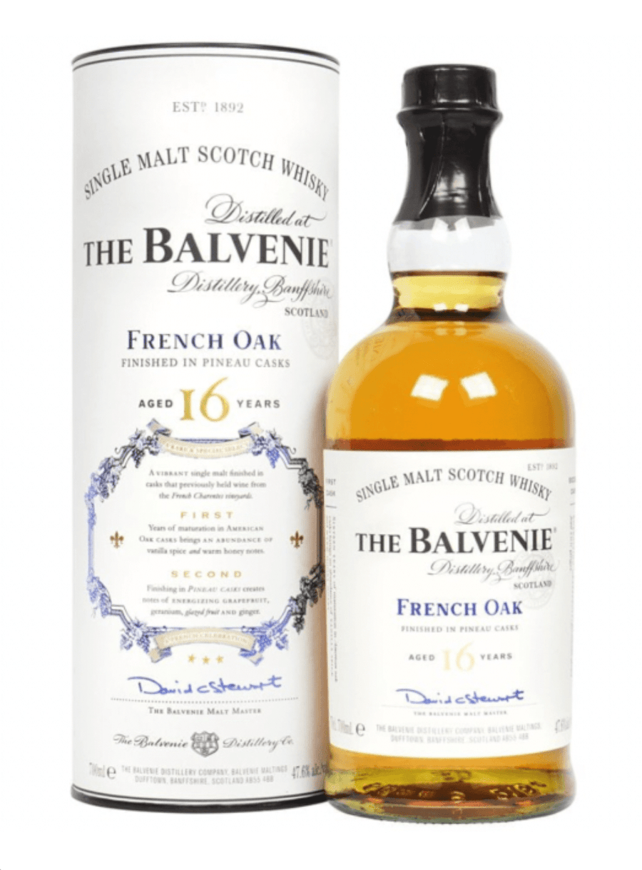 The Balvenie 16-year-old French Oak whisky bottle and packaging on a white background