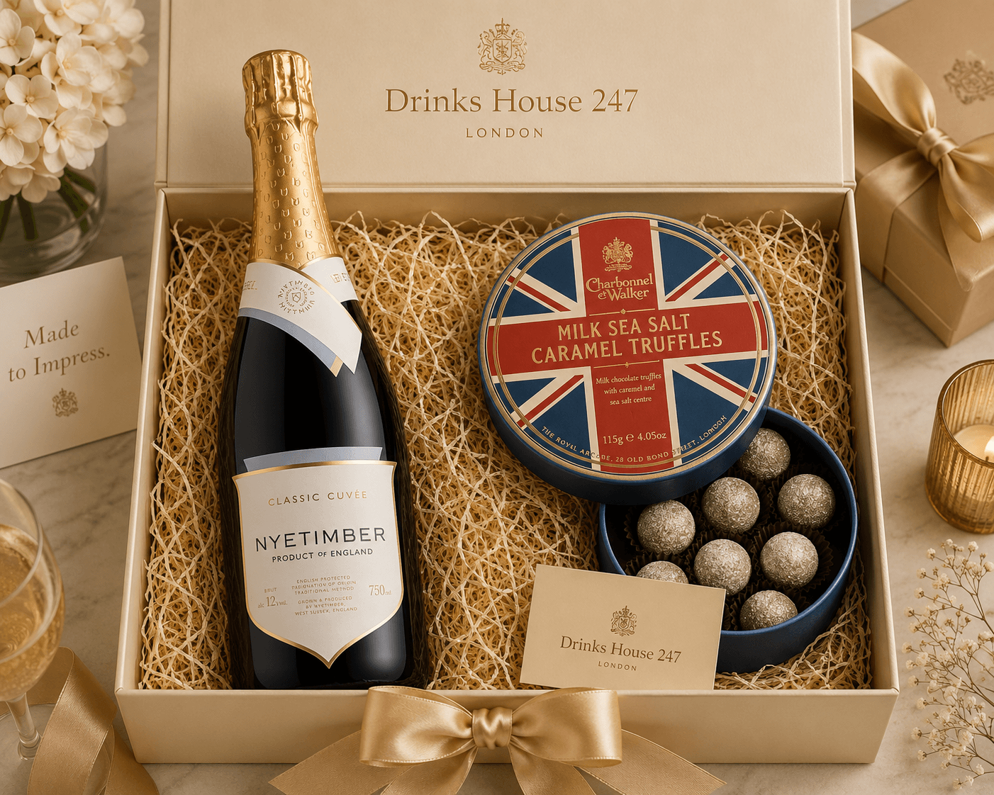 A luxury gift box from Drinks House 247 London containing a bottle of Nyetimber Non-Alcoholic Sparkling Wine, milk sea salt caramel truffles, and chocolate-covered nuts, arranged in a box of straw filler with a gold ribbon.