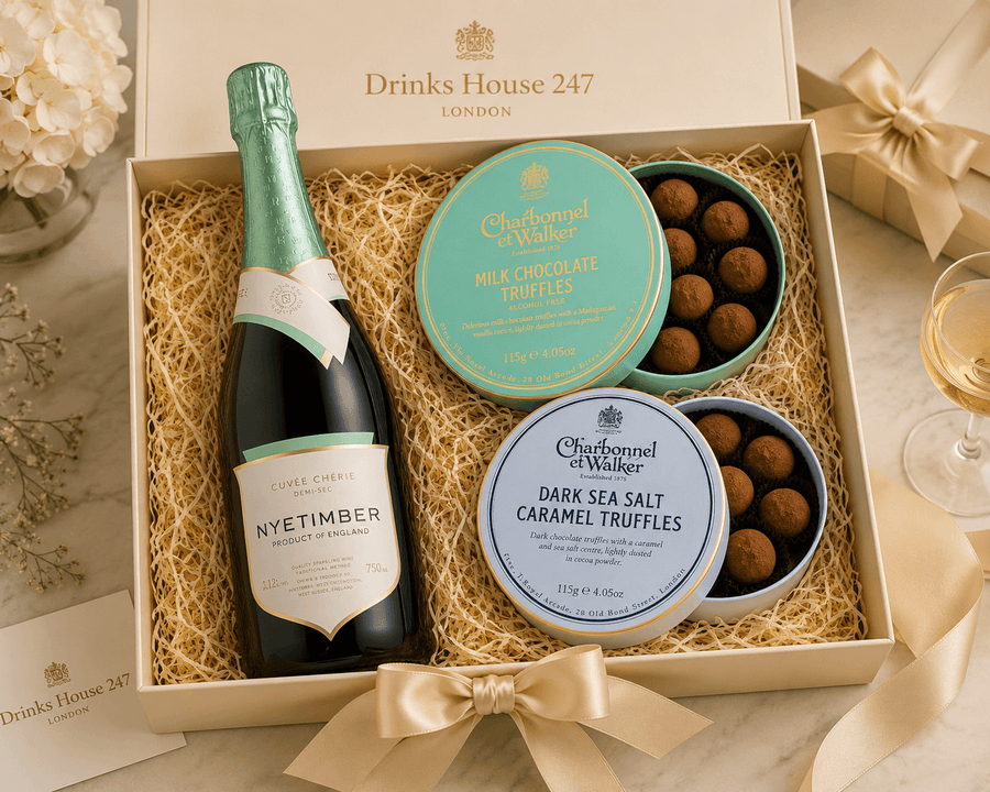 A luxury gift hamper from Drinks House 247 London, featuring a bottle of Cuvée Champagne Nyetimber, milk and dark sea salt caramel truffles by Chefnatural Walker, all arranged in a cream-colored box filled with shredded paper. The box is decorated with a cream satin bow, and a glass of white wine and flowers are visible in the background.