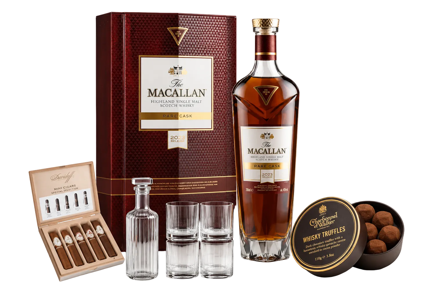 The Macallan 20 Year Single Malty Scotch Whisky 750ml bottle, its dark red textured presentation box, a box of Macallan cigars, two crystal tumblers, a decanter, and a tin of Macallan Whisky Truffles on a white background.