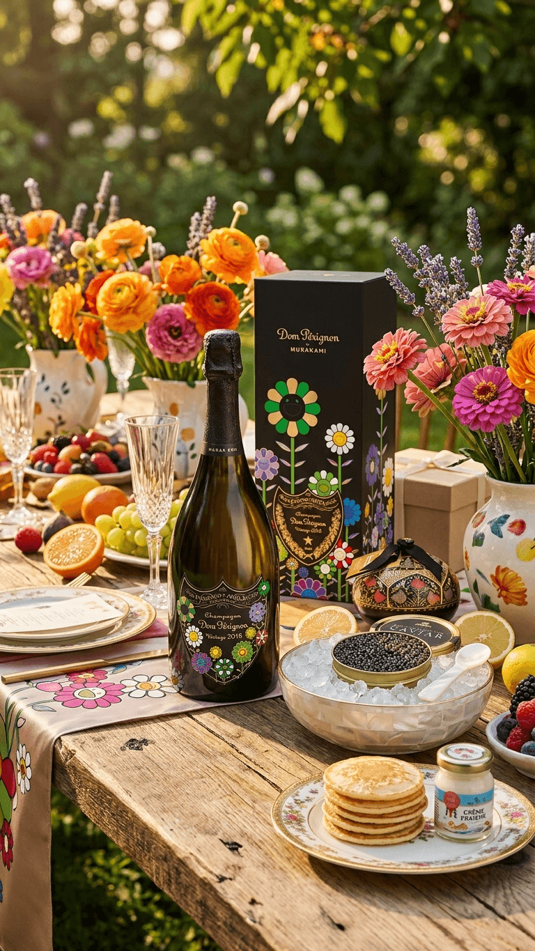 Dom Pérignon Takashi Murakami Edition Champagne and caviar styled on an outdoor table