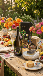Dom Pérignon Takashi Murakami Edition Champagne and caviar styled on an outdoor table