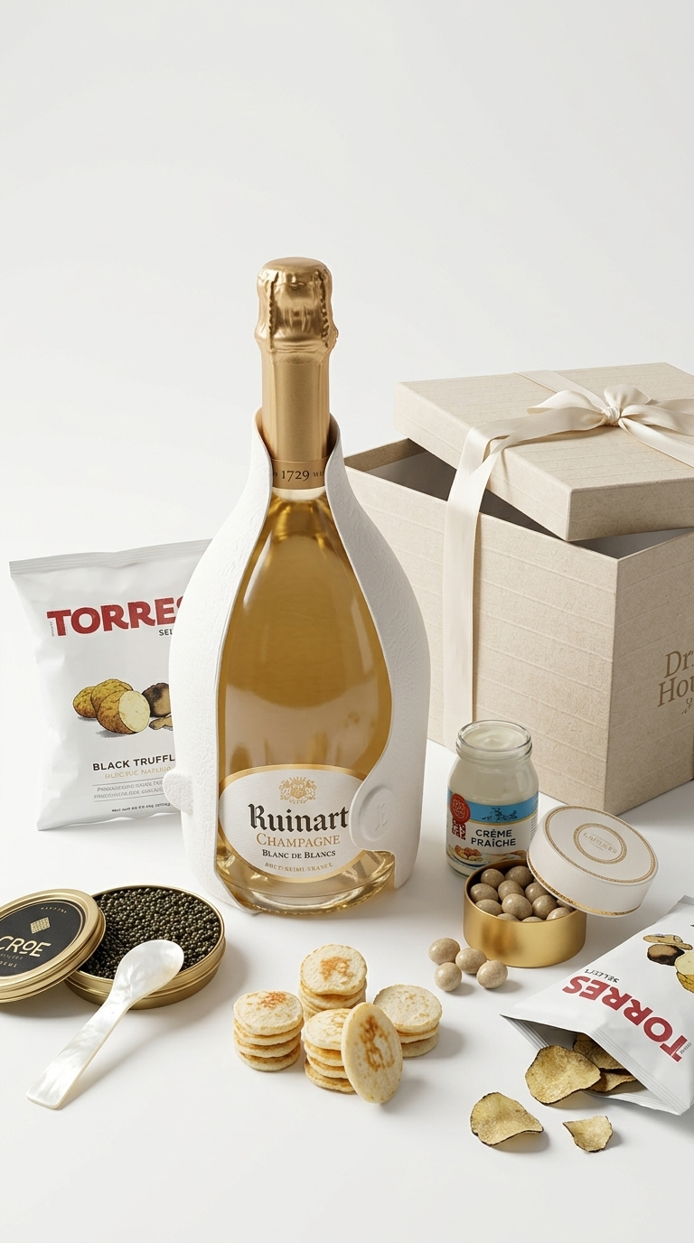 A luxury gift hamper featuring a bottle of Ruinart sparkling wine in a white sleeve, surrounded by gourmet treats including Torres black truffles, crackers, and a beige presentation box on a clean white background.