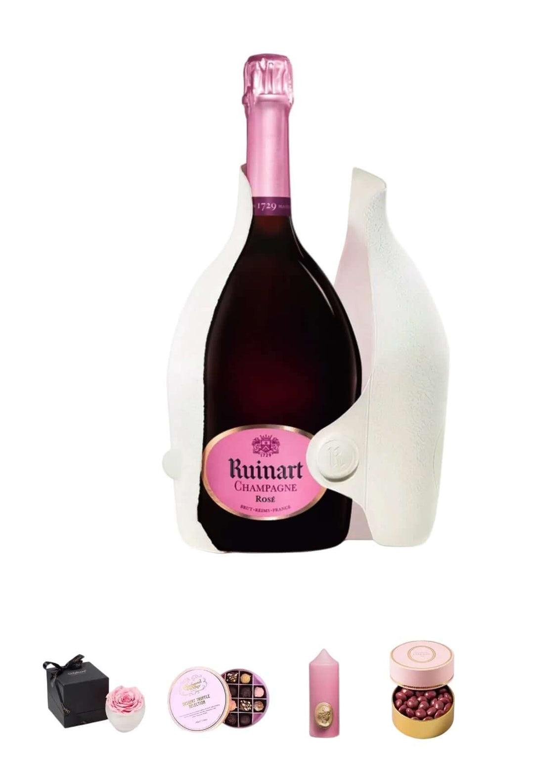 Ruinart champagne bottle with decorative box on a white background