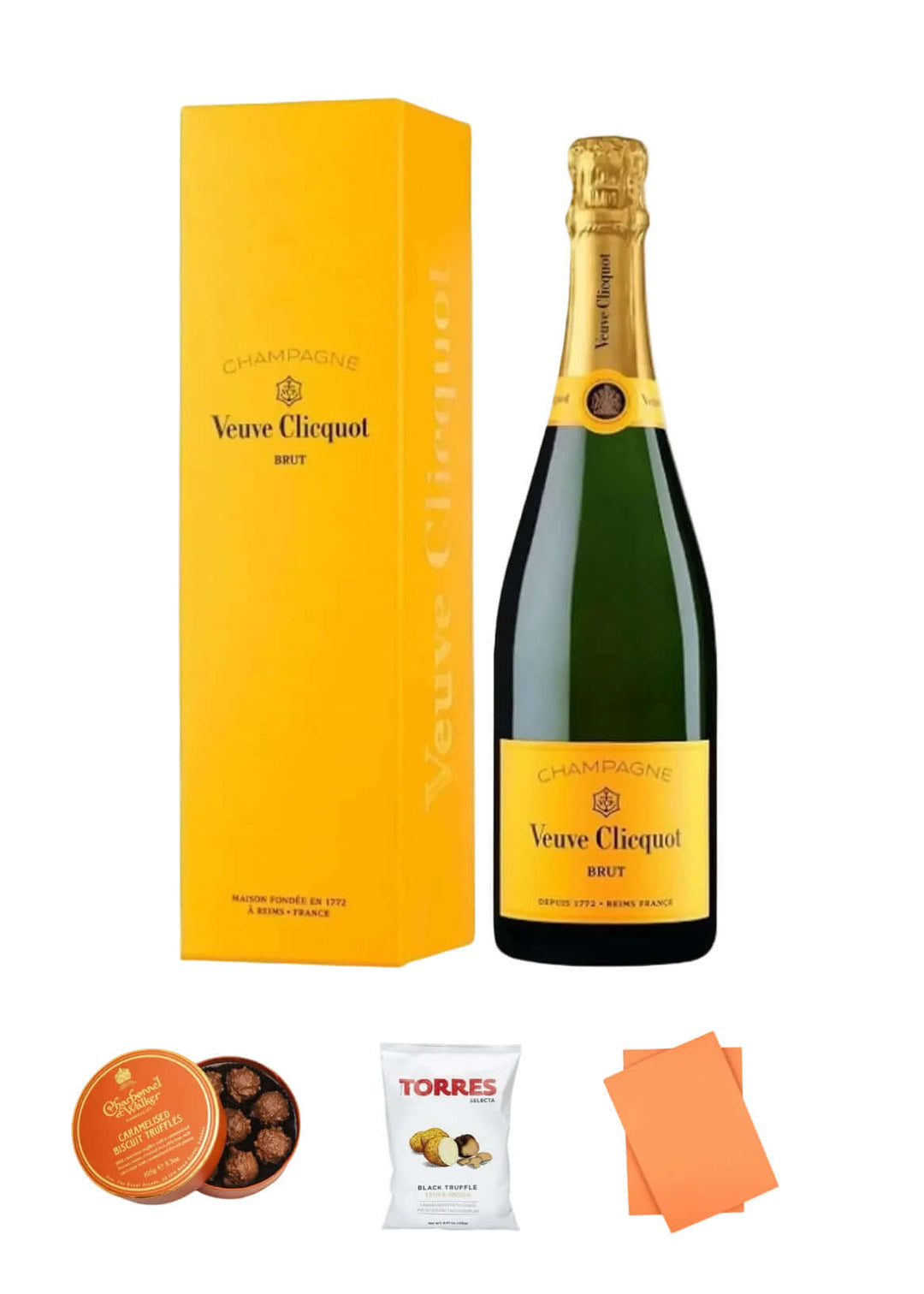 Veuve Clicquot champagne bottle with packaging and snacks on a white background