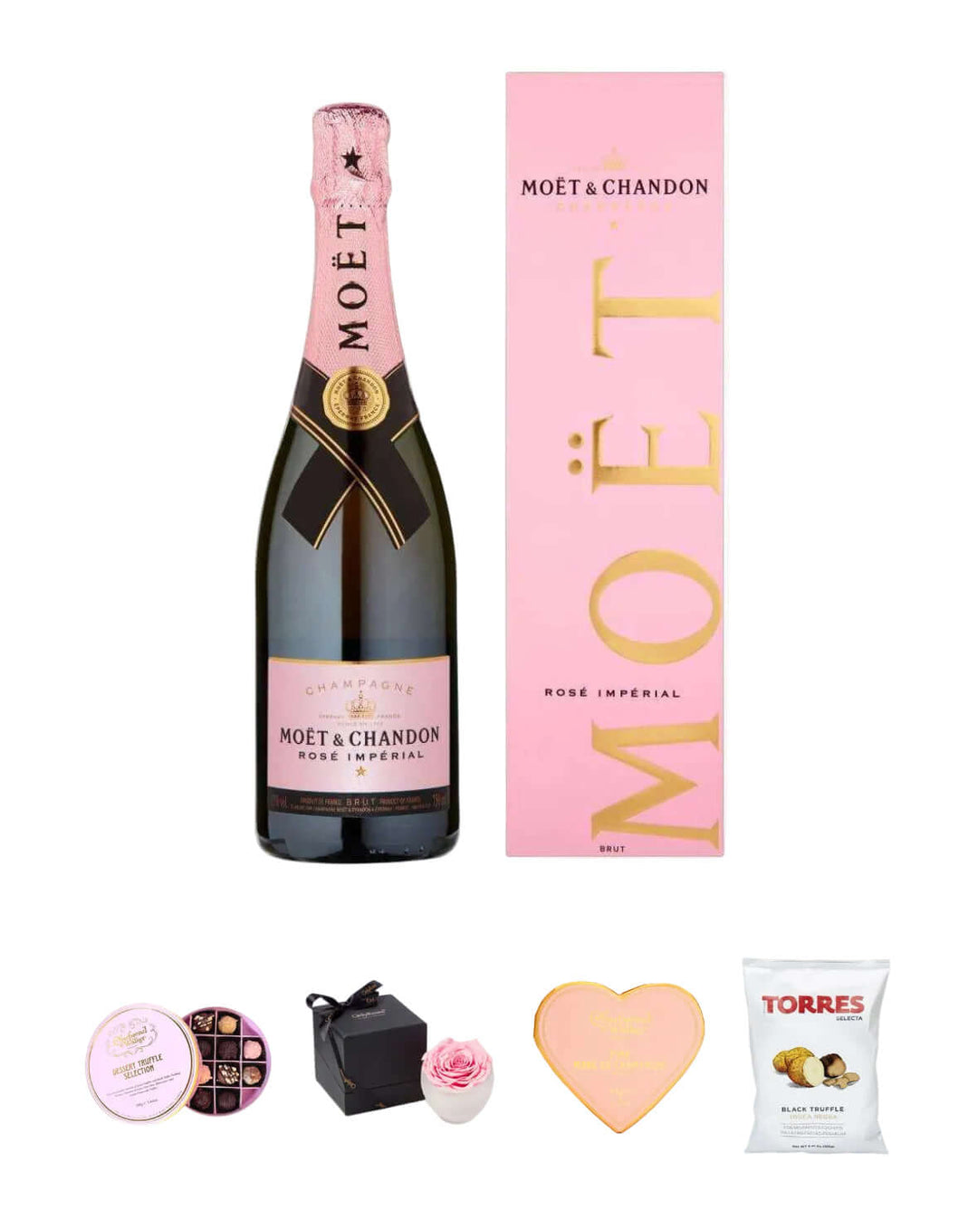 Moét & Chandon rose champagne bottle with packaging and snacks on a white background