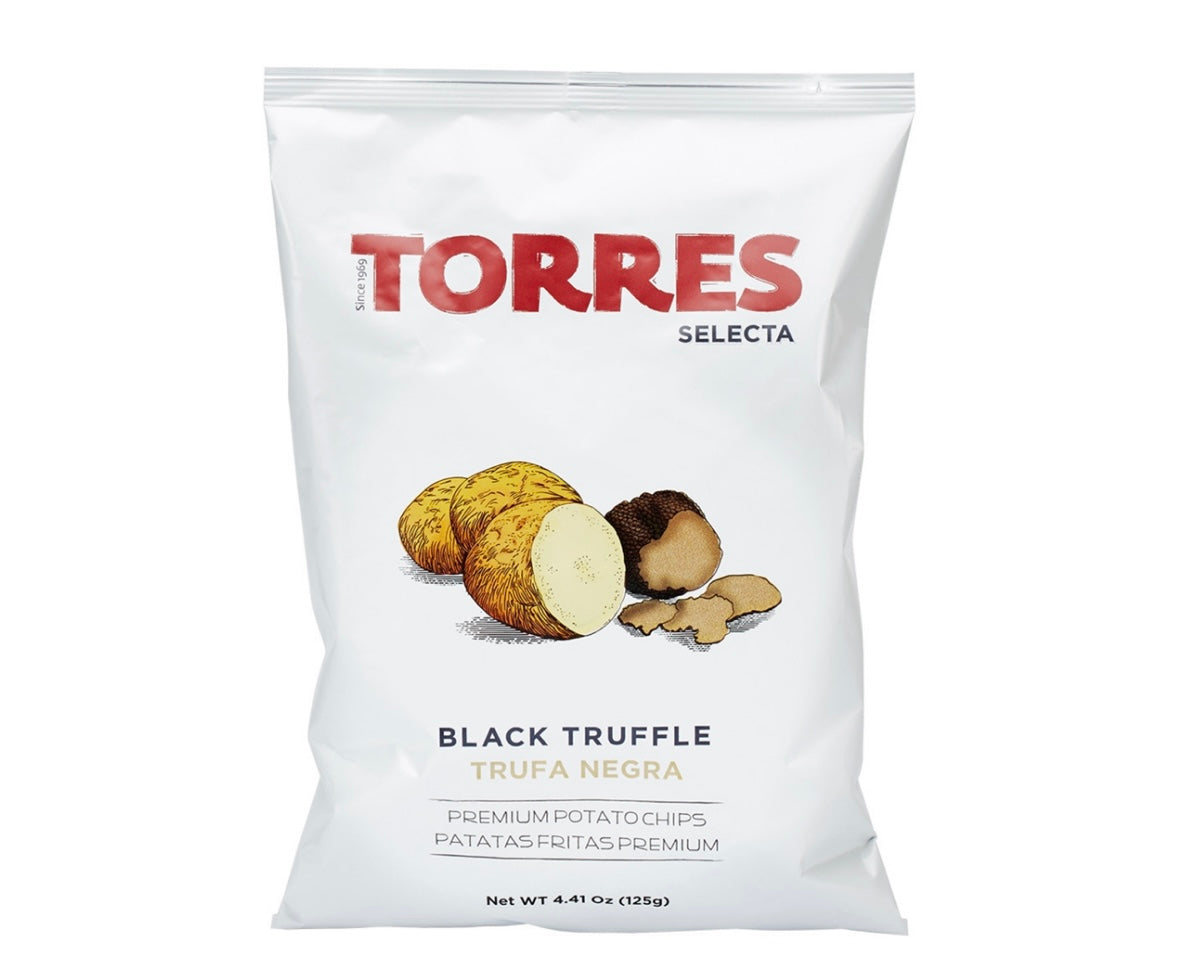 Torres Selecta black truffle potato chips packaging on a white background