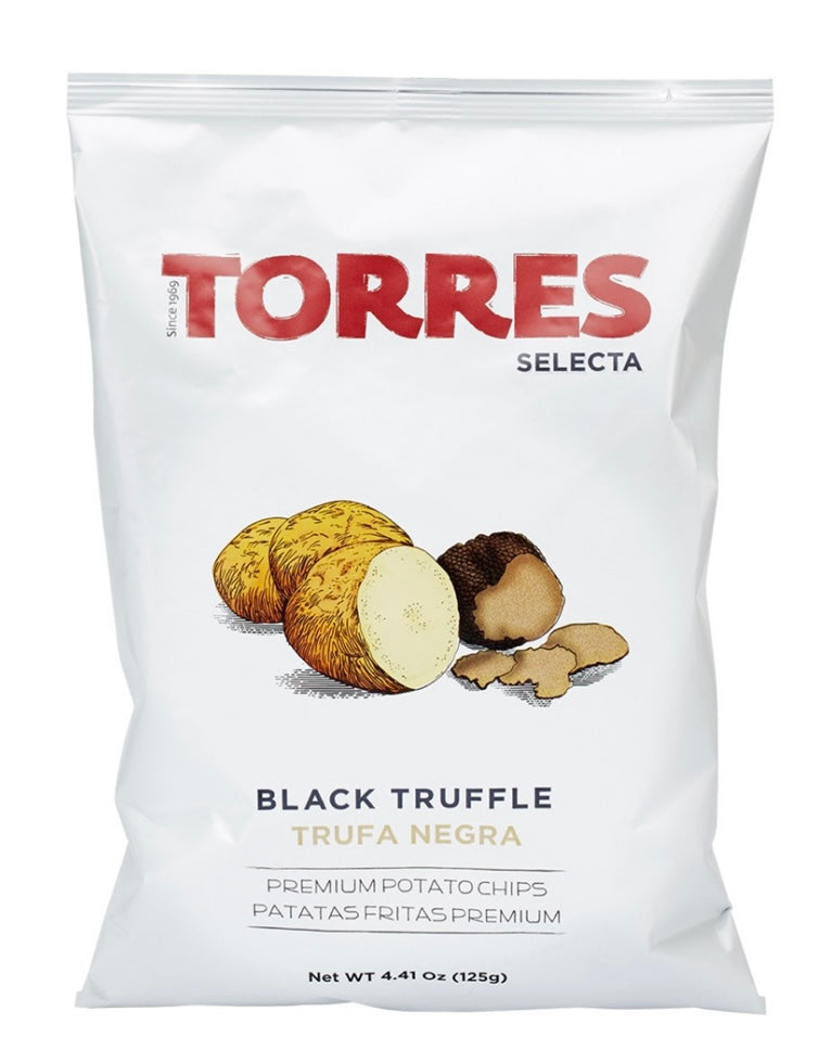 Torres Selecta black truffle potato chips packaging on a white background