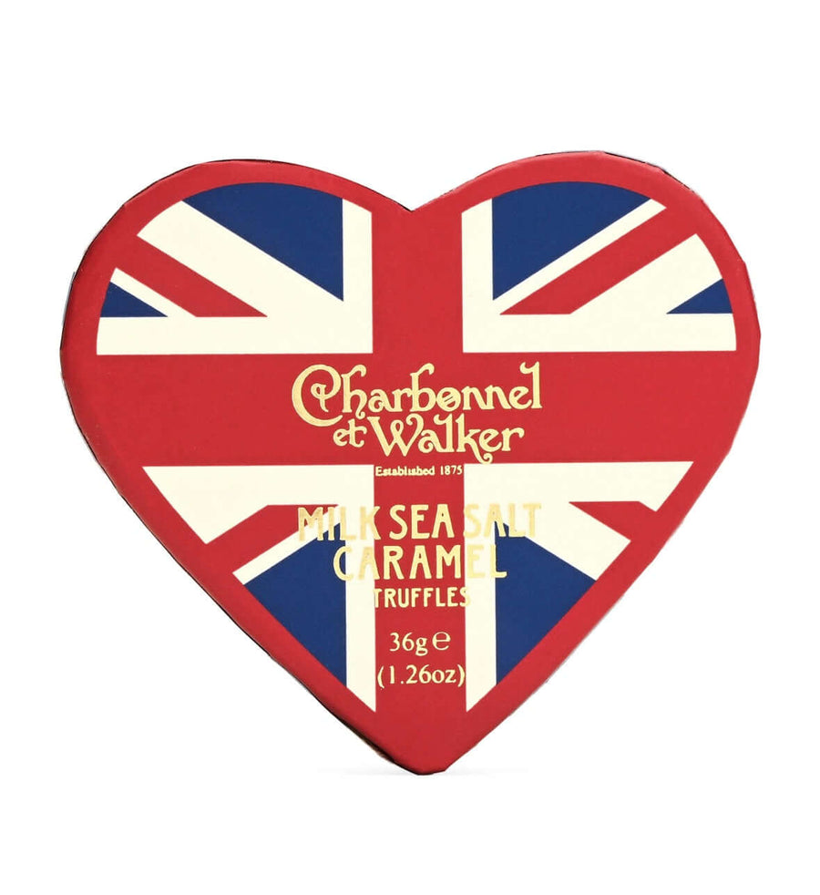 Heart-shaped Charbonnel et Walker chocolate truffles packaging with Union Jack design on a white background