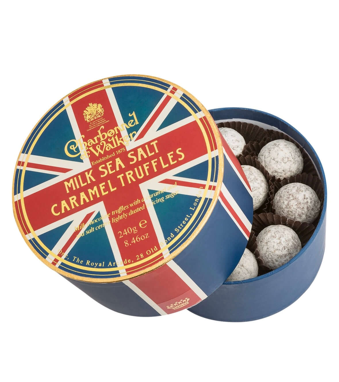 Chocolates in a Union Jack box with a visible brand name on a white background