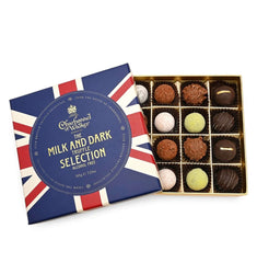 Chocolate truffle selection in a box with a Union Jack design on the cover