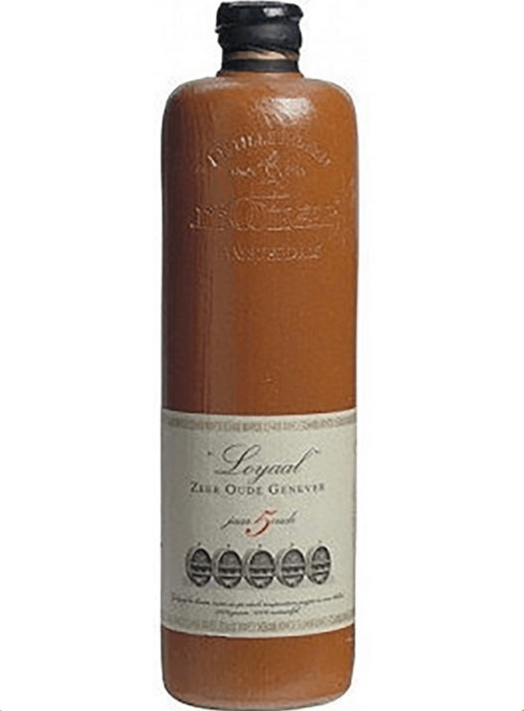 A bottle of Loyaal Zare Oude Geneve aged 5 years Scotch single malt Scotch whisky, featuring a brown glass bottle with a cream-colored label and a black cap, set against a plain white background.