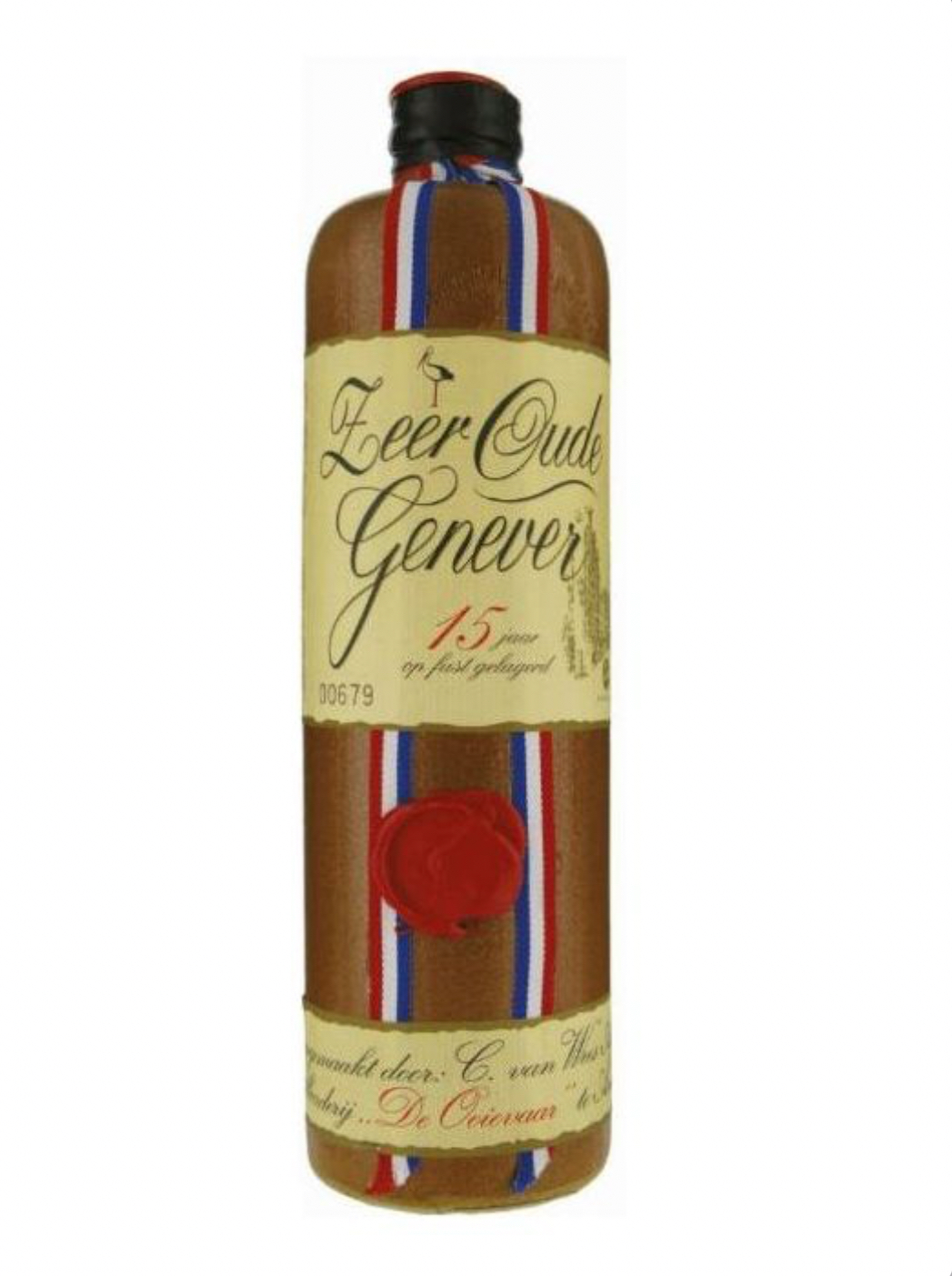 Bottle of Zeer Oude Genever with decorative ribbon on a white background