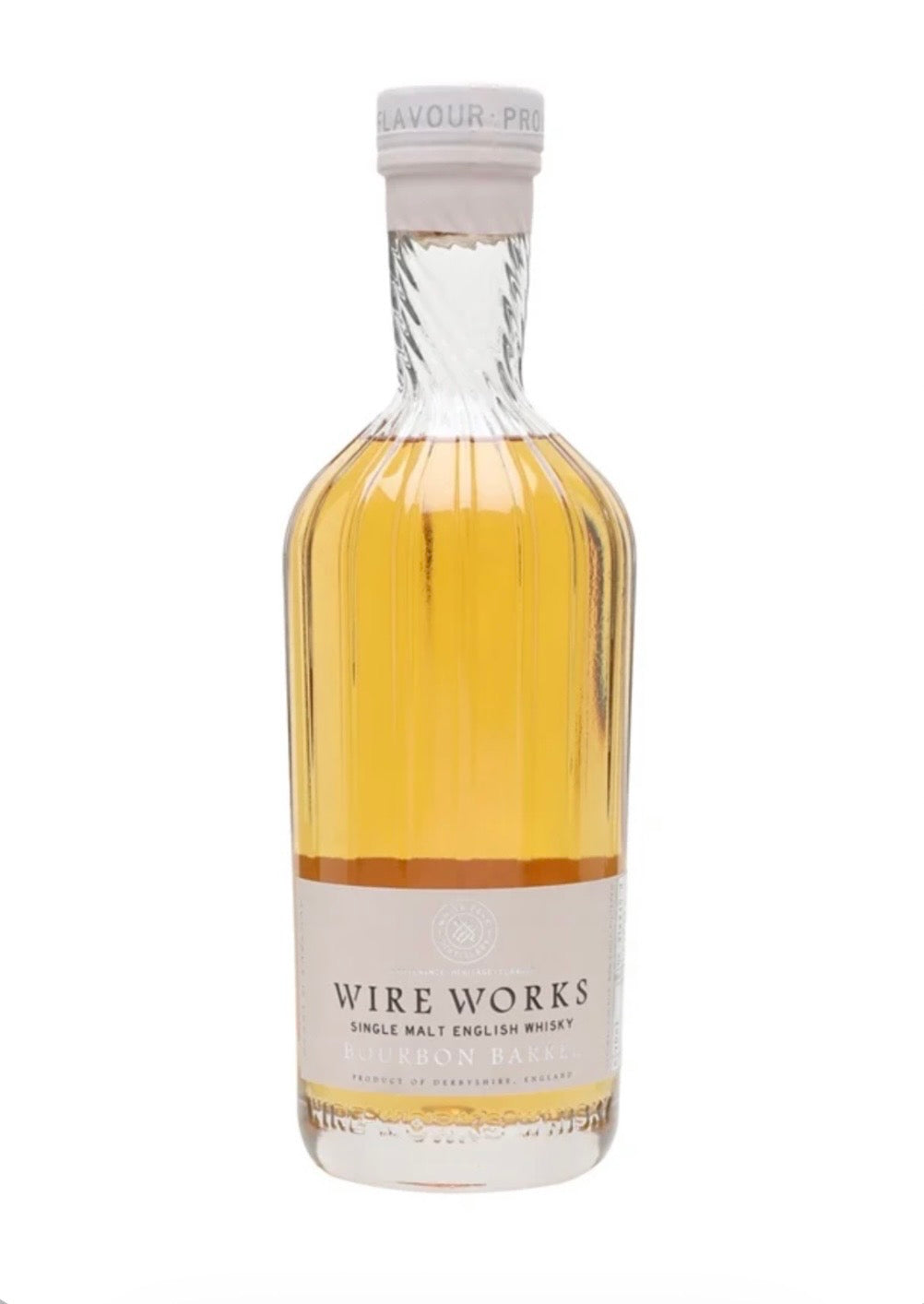 A bottle of Wire Works Single Malt English Whisky, featuring a clear glass bottle filled with golden amber whisky, a cream-colored label, and a white screw cap, set against a plain white background.
