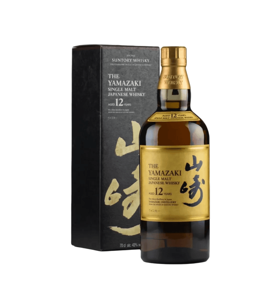 Yamazaki 12-year-old single malt Japanese whisky bottle and packaging on a white background