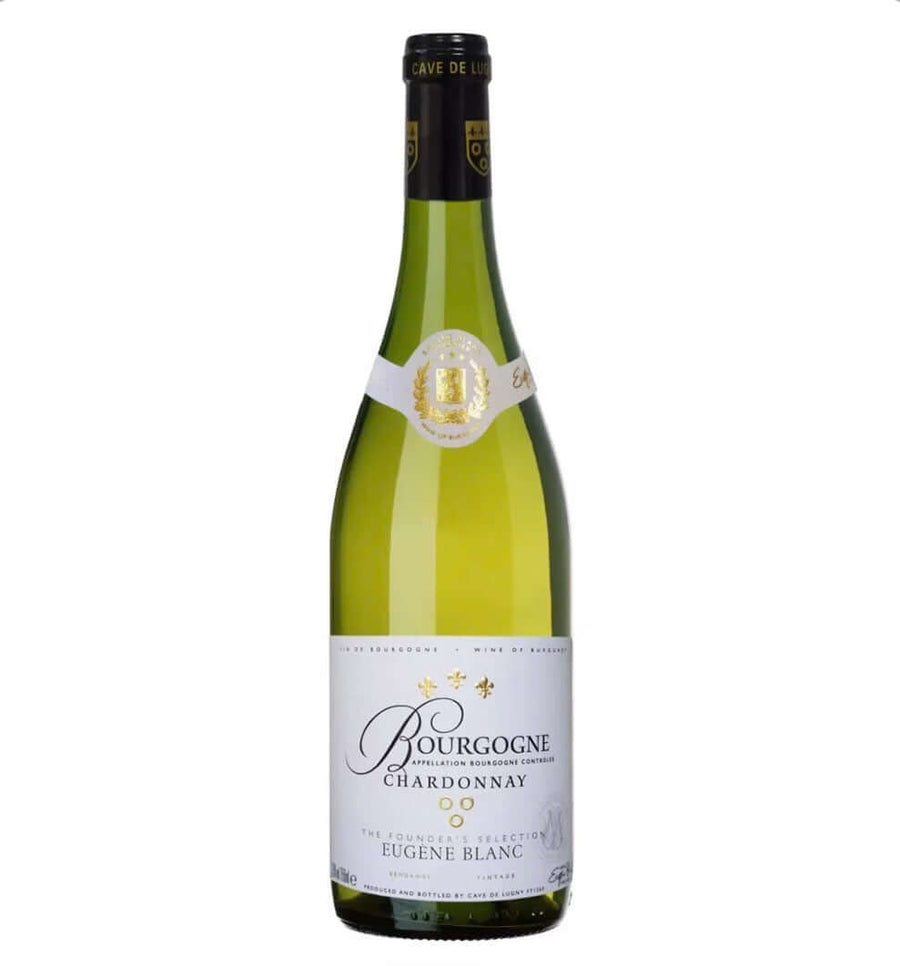 Bottle of Cave de Lugny Bourgogne Chardonnay 75cl from the Maconnais, pale green glass with a black foil capsule and gold crest