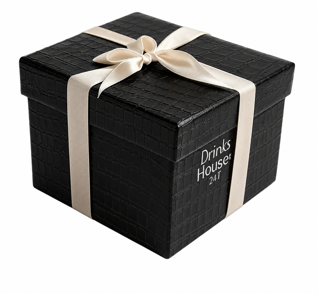 black Crocodile embossed Gift box with beige ribbons On a white back ground with DH247 sign on the side of the box