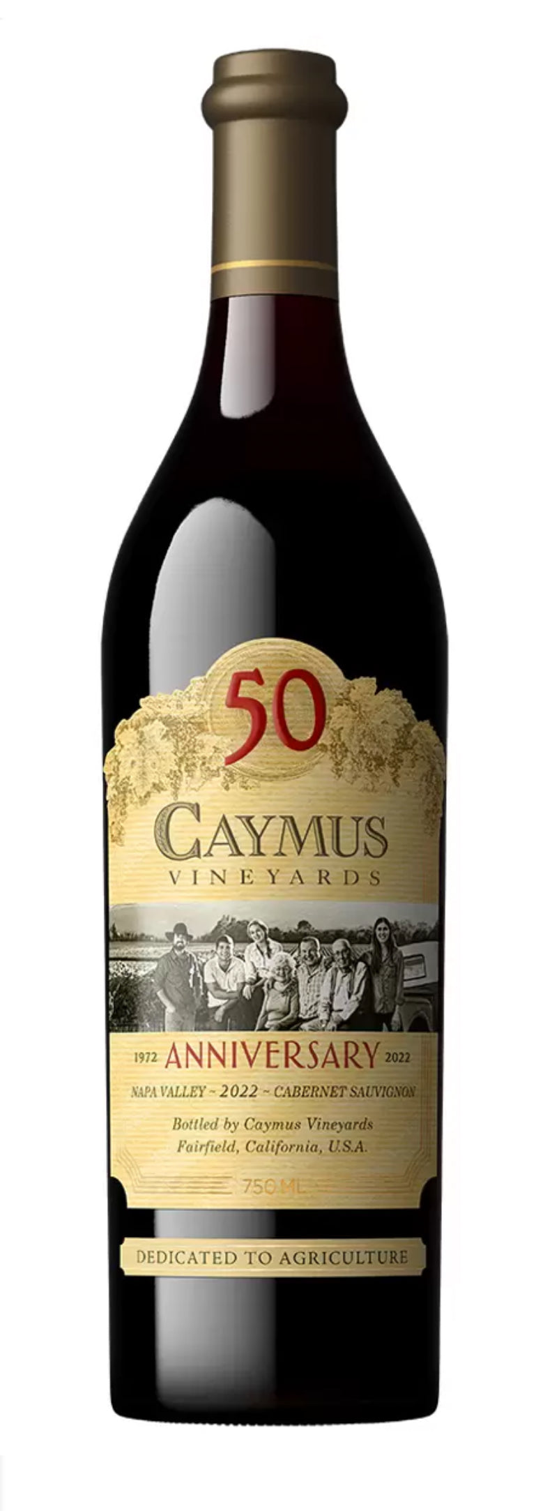 Bottle of Caymus Napa Valley Cabernet Sauvignon 2022 75cl, celebrating the winery’s 50th anniversary with rich red wine notes of black cherry and vanilla.