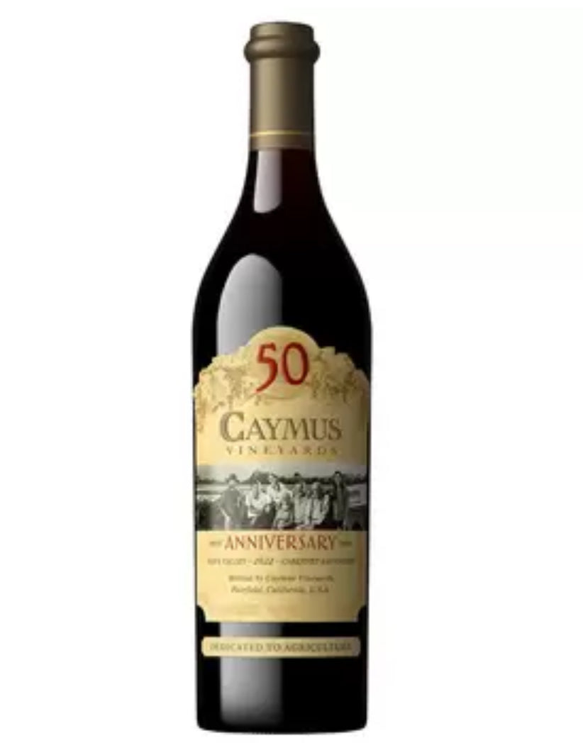 Bottle of Caymus Napa Valley Cabernet Sauvignon 2022 75cl, celebrating the winery’s 50th anniversary with rich red wine notes of black cherry and vanilla.