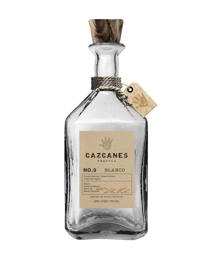 Bottle of Cazcanes No.9 Blanco Tequila 70cl – clear tequila in a bold bottle with a silver and black label, bottled at 50% ABV.
