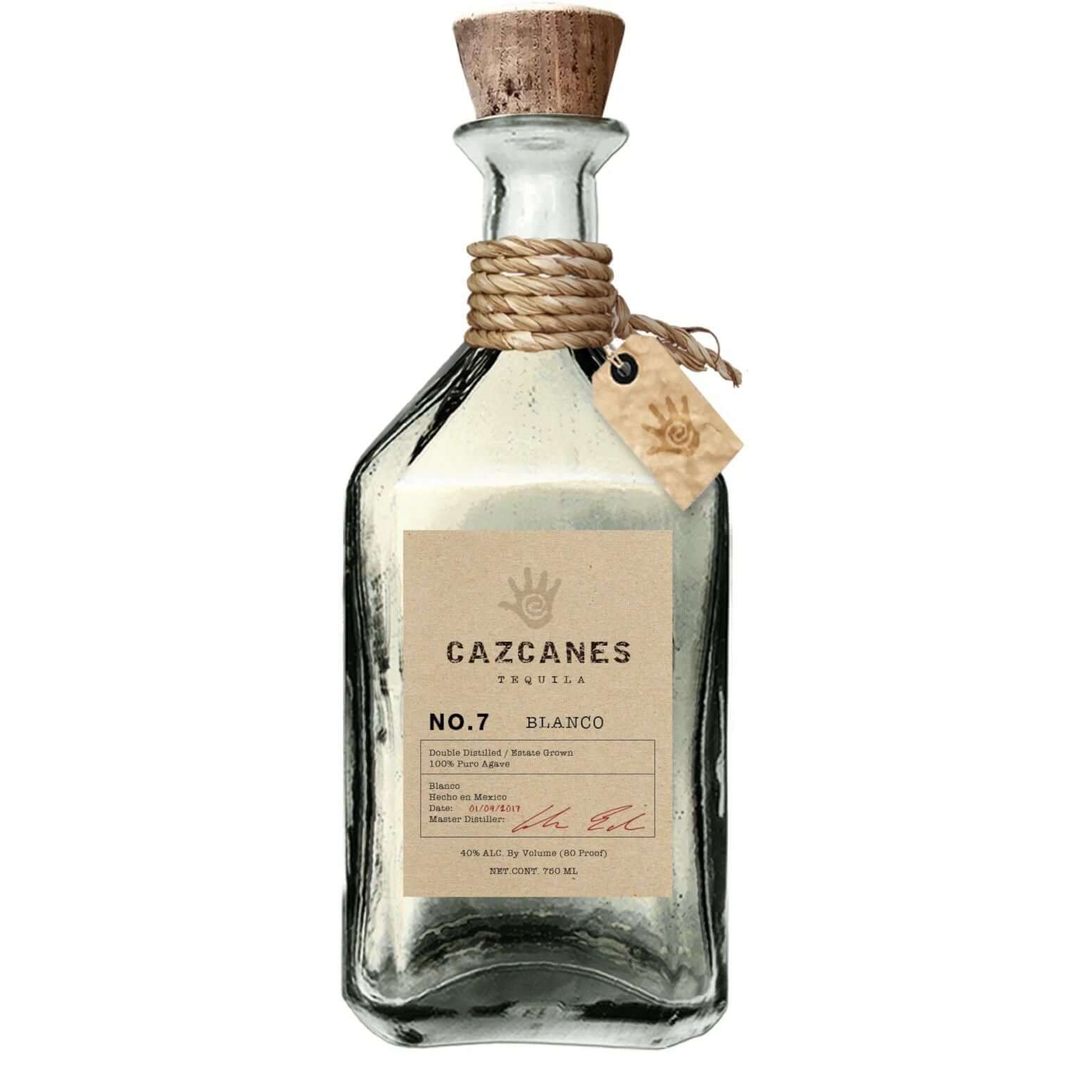 Cazcanes No.7 Blanco Tequila 75cl bottle made from 100% blue agave, handcrafted Mexican blanco tequila in a clear glass bottle with cork stopper.