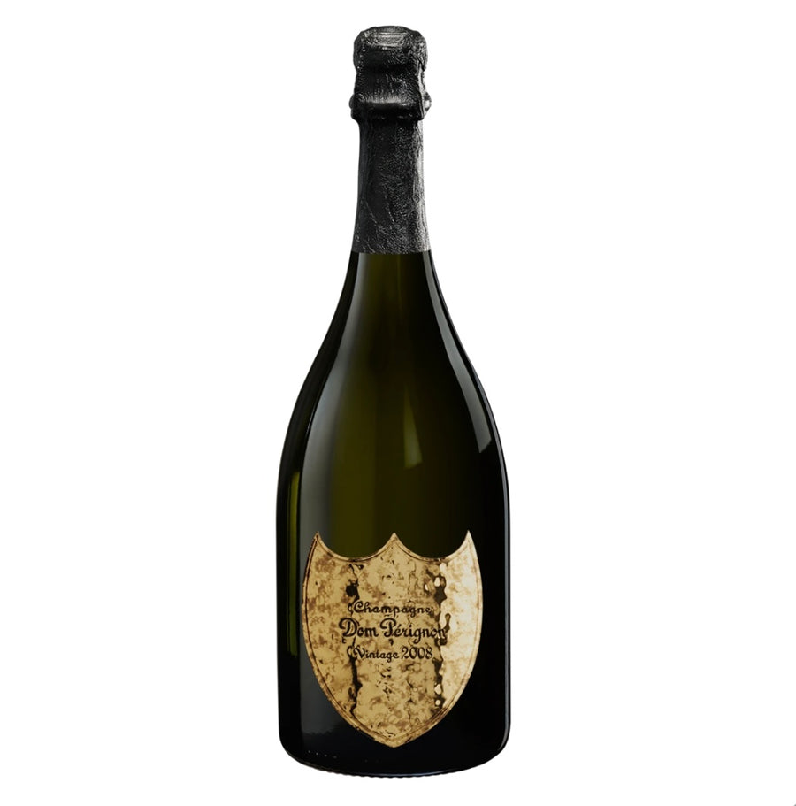Bottle of Dom Pérignon Lenny Kravitz Limited Edition Vintage 2008 Champagne, featuring a textured hammered metal label on a classic green glass with black foil top.