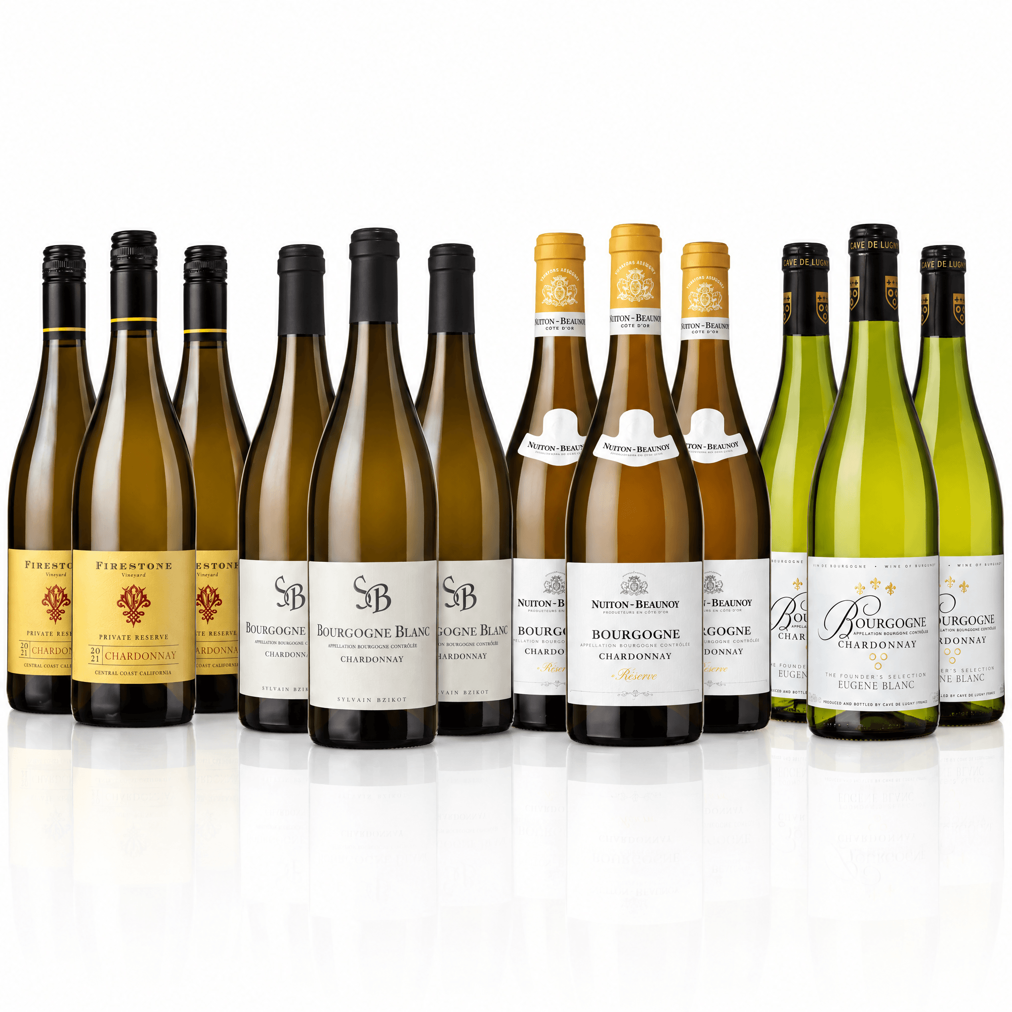 The Chardonnay Lover's Case: twelve 75cl Chardonnay bottles on a white studio background, arranged in four groups of three — Firestone Vineyard Private Reserve, Sylvain Bzikot Bourgogne, Nuiton-Beaunoy Bourgogne Chardonnay and Cave de Lugny Bourgogne Chardonnay