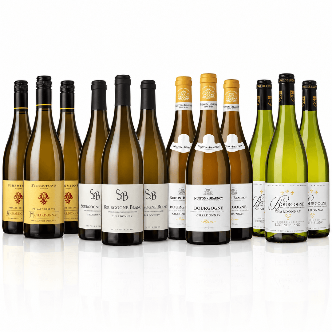 The Chardonnay Lover's Case: twelve 75cl Chardonnay bottles on a white studio background, arranged in four groups of three — Firestone Vineyard Private Reserve, Sylvain Bzikot Bourgogne, Nuiton-Beaunoy Bourgogne Chardonnay and Cave de Lugny Bourgogne Chardonnay